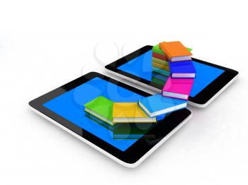 tablet pc and colorful real books on white background