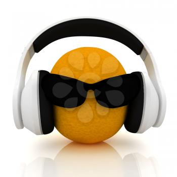 oranges with sun glass and headphones front face on a white background