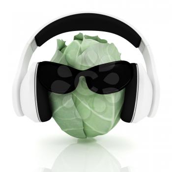 Green cabbage with sun glass and headphones front face on a white background