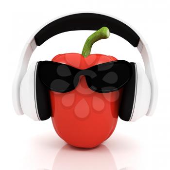 Bell peppers with sun glass and headphones front face on a white background