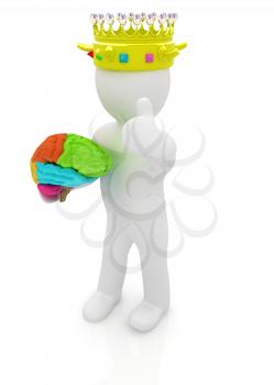 3d people - man, person with a golden crown. King with brain