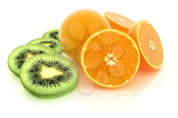 slices of kiwi, orange and half orange on a white 