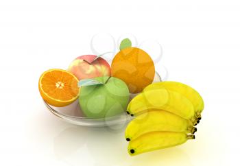 Citrus and apple on a plate on a white background