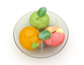 Citrus and apple on a plate on a white background