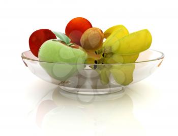 Citrus and apple on a plate on a white background