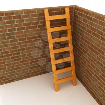 Ladder leans on brick wall on a white background