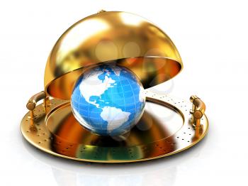 Earth globe on glossy golden salver dish under a golden cover on a white background