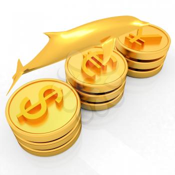 Gold coins with 3 major currencies with golden dolphin on a white background