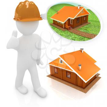 3d architect in a hard hat with thumb up with real plans. 3d image. Isolated white background. 