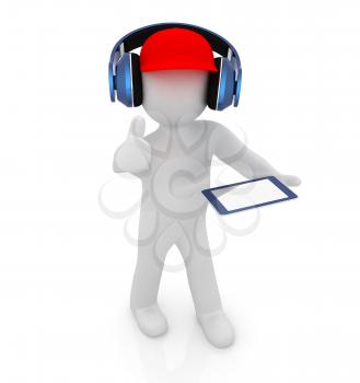 3d white man in a red peaked cap with thumb up, tablet pc and headphones on a white background