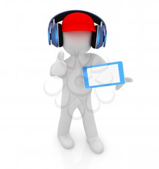 3d white man in a red peaked cap with thumb up, tablet pc and headphones on a white background