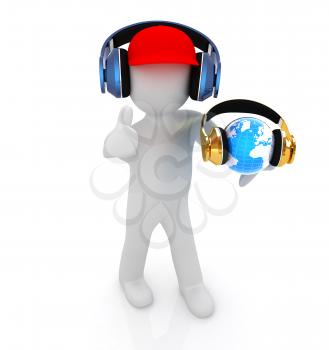 3d white man in a red peaked cap with thumb up, tablet pc and headphones. Global concept with blue earth 