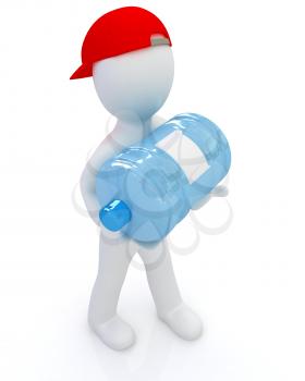 3d man carrying a water bottle with clean blue water on a white background