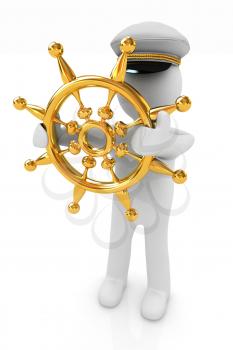 Sailor with gold steering wheel and earth. Trip around the world concept on a white background