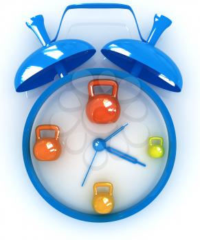 Alarm clock icon with kettlebells. Sport concept on a white background