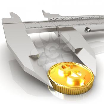 Vernier calipers with coin isolated over white background 