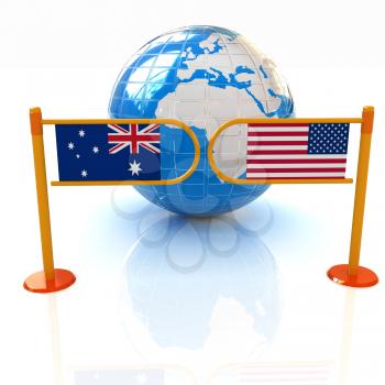 Three-dimensional image of the turnstile and flags of USA and Australia on a white background 