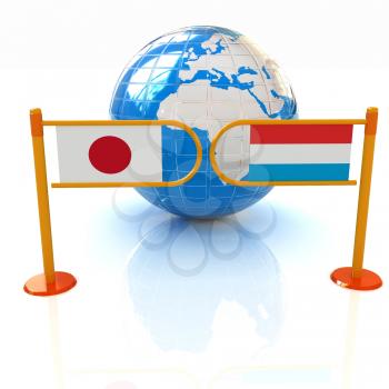 Three-dimensional image of the turnstile and flags of Japan and Luxembourg on a white background 