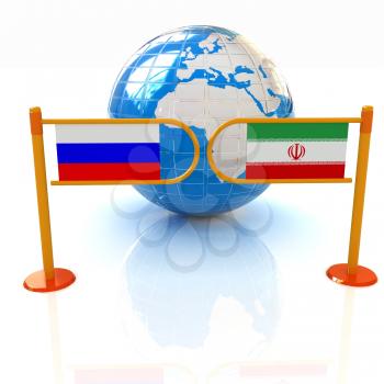 Three-dimensional image of the turnstile and flags of Russia and Iran on a white background 