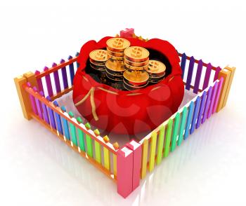 Bag and dollar coins in closed colorfull fence. Protection concept on a white background