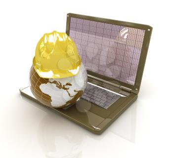 Hard hat and earth on a laptop on a white background