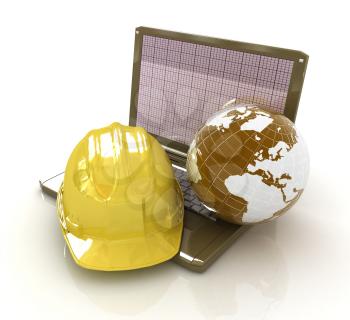 Hard hat and earth on a laptop on a white background