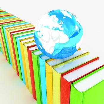 Colorful books and earth on a white background