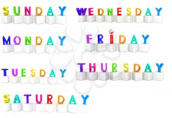 Set of 3d colorful cubes with white letters - days of the week on a white background