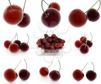 Set of fresh cherries on a white 