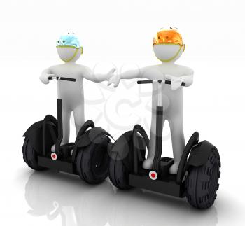 3d people in riding on a personal and ecological transport in helmet and holding hands. Concept of partnership