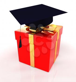 graduation hat on a red gift on a white background