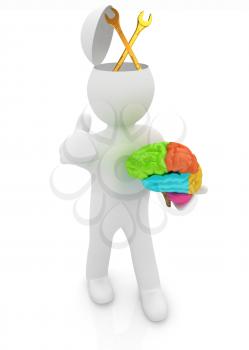 3d people - man with half head, brain and trumb up. Service concept with wrench