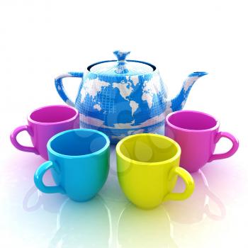 colorfull cups and teapot for earth. Globally. Drink for the entire planet.Concept of communication