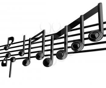 Various music notes on stave. Black 3d