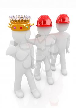 3d people - man, person with a golden crown. King with person with a hard hat