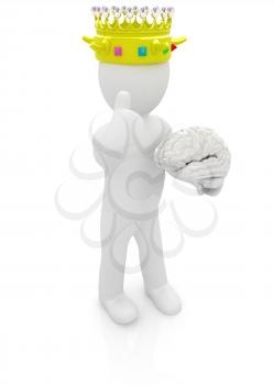 3d people - man, person with a golden crown. King with brain