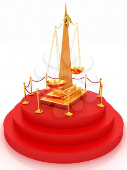 Gold scales of justice on 3d carpeting podium with gold handrail 