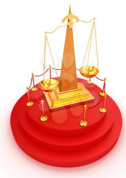 Gold scales of justice on 3d carpeting podium with gold handrail 