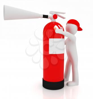 3d man with red fire extinguisher on a white background