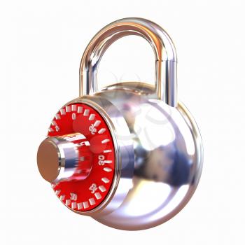 Illustration of security concept with chrome locked combination pad lock on a white background