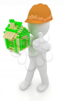 3d architect man in a hard hat with thumb up with log house from matches pattern. 3d image. Isolated on white background. 