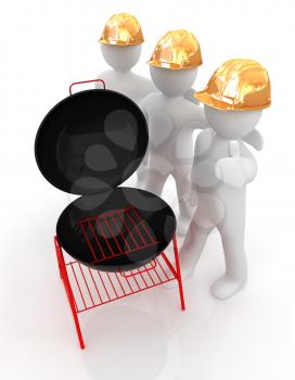 3d mans in a hard hat with thumb up and barbecue grill. On a white background 