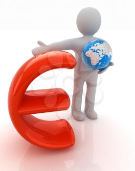 3d people - man, person presenting - euro with global concept with Earth