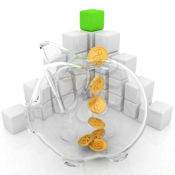 cubic diagram structure and piggy bank on a white background