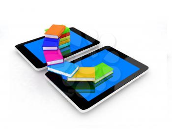 tablet pc and colorful real books on white background