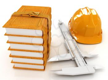 Vernier caliper, leather books and yellow hard hat on a white background