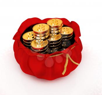 Bag and dollar coins on a white background