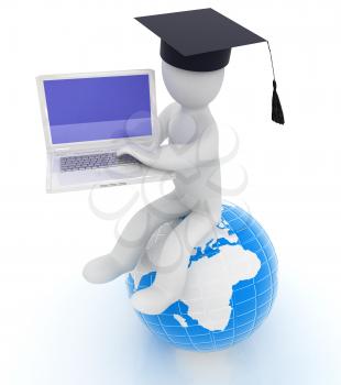 3d man in graduation hat sitting on earth and working at his laptop on a white background