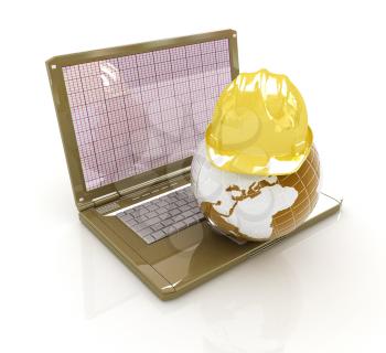 Hard hat and earth on a laptop on a white background