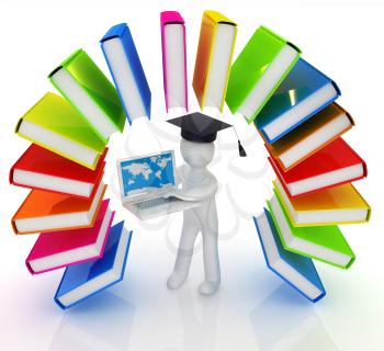 Colorful books like the rainbow and 3d man in a graduation hat with laptop on a white background